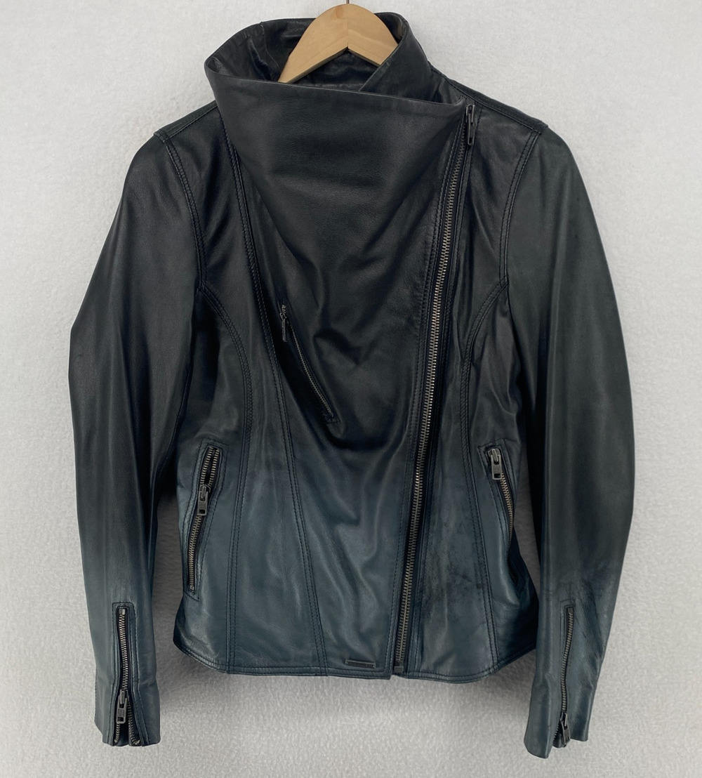 SUPERDRY Jacket M Genuine Leathers Ombre Asymmetric Full Zip Moto Biker Black